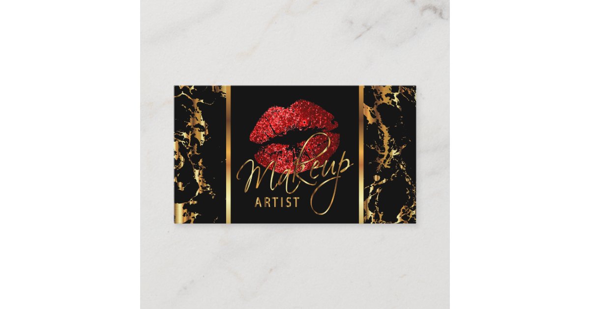 Makeup Artist with Marble Gold & Red Accents Business Card | Zazzle
