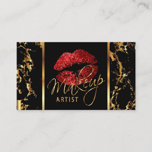 Makeup Artist with Marble Gold & Red Accents Business Card (Front)