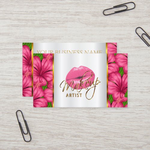 Makeup Artist with Pink Lips and Flowers Business Card
