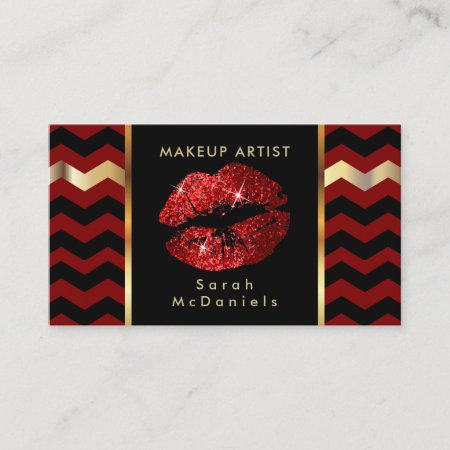 Makeup Artist With Red & Chevron Gold Accents Business Card