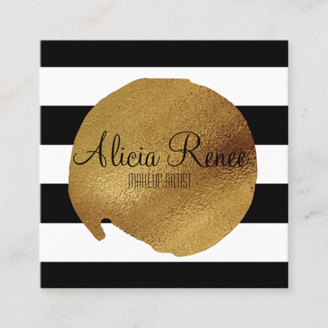 Makeup Artist with Stripes & Gold Stamp Square Business Card (Front)