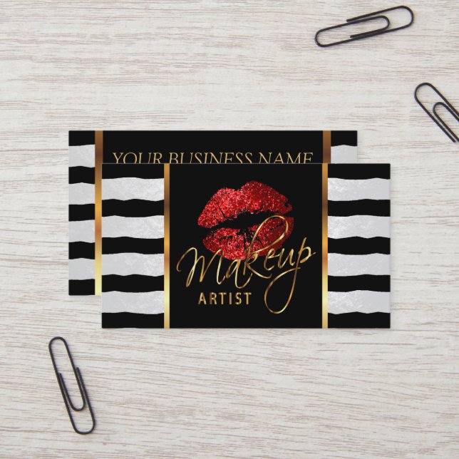 Makeup Artist with Stripes & Red Lips Business Card (Front/Back In Situ)