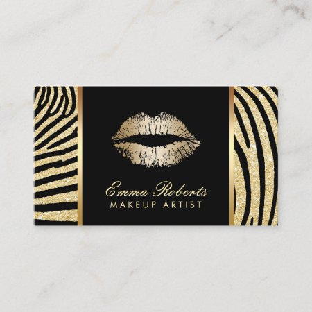 Makeup Artist Zebra Stripes Gold Lips Elegant Business Card