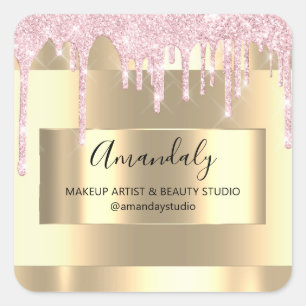 Makeup Beauty Glitter Gold Framed Boutique Pink Square Sticker