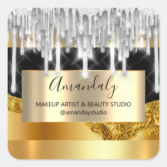 Makeup Beauty Glitter Silver Frame Thank Gold Square Sticker (Front)