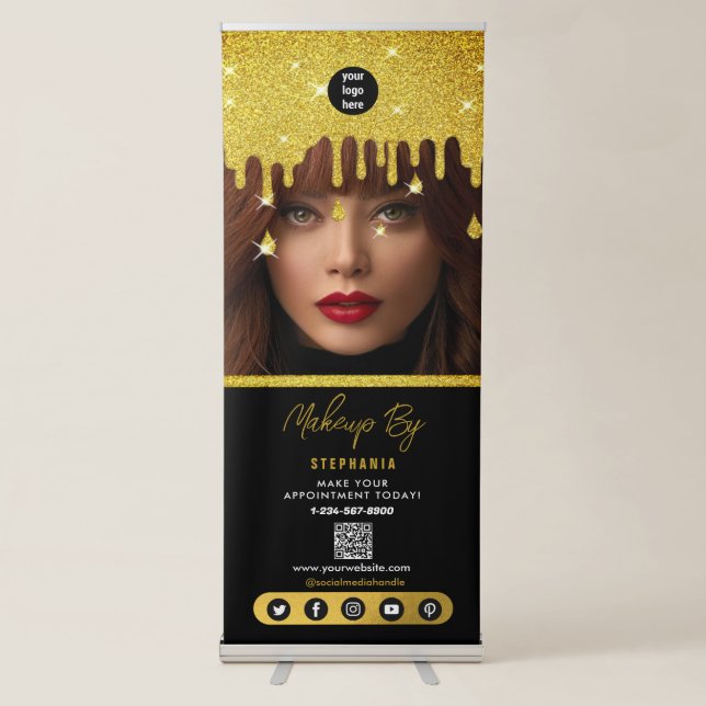 Makeup Beauty Salon Business Black Gold Glitter  Retractable Banner (Front)