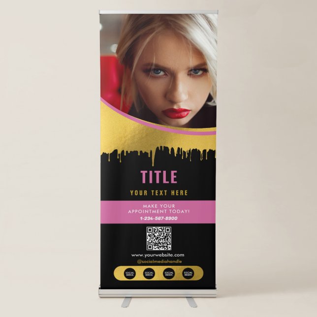 Makeup Beauty Salon Business Pink Gold Photo Retractable Banner (Front)