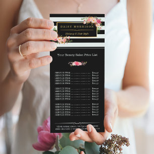 Makeup Beauty Salon Gold Floral Stripes Price List Rack Card