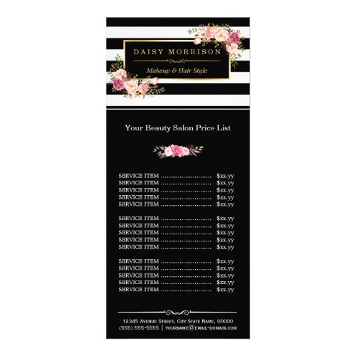 Makeup Beauty Salon Gold Floral Stripes Price List Rack Card