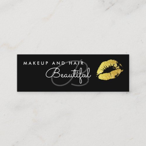 Makeup Beauty Salon Monogram Gold Lips Black Mini Business Card