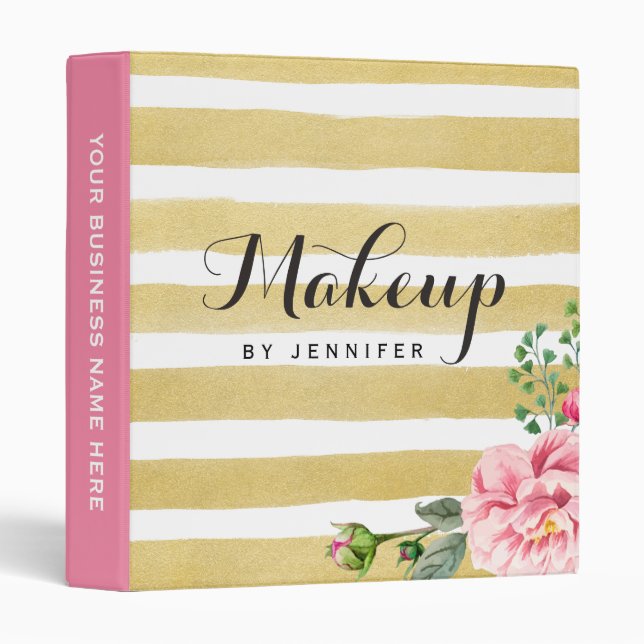 Makeup Beauty Salon Pink Floral Gold Stripes 3 Ring Binder (Front/Spine)