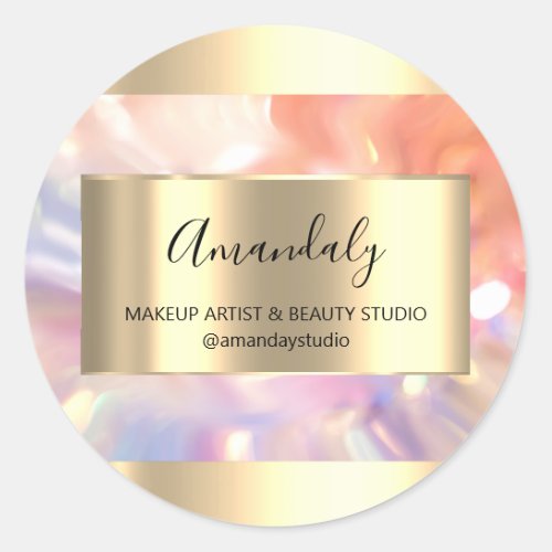 Makeup Beauty Shop Frame Gold Favor Holograph Glam Classic Round Sticker