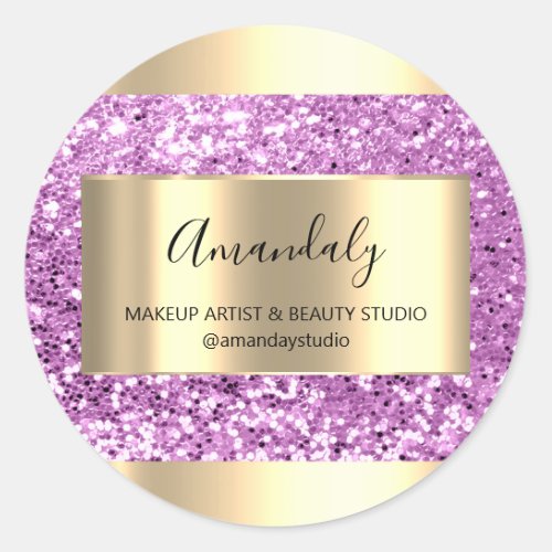 Makeup Beauty Shop Frame Gold Favor Pink Glitter Classic Round Sticker