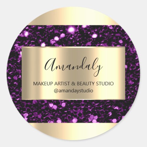 Makeup Beauty Shop Frame Gold Favor Purple Violet Classic Round Sticker