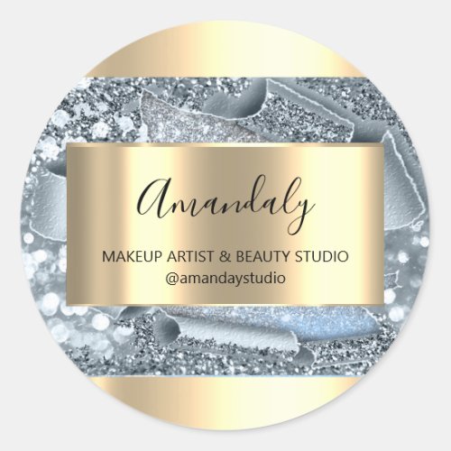 Makeup Beauty Shop Frame Gold Favor Silver Glitter Classic Round Sticker