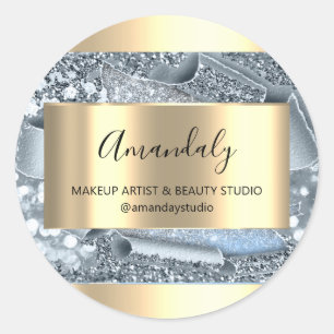 Makeup Beauty Shop Frame Gold Favor Silver Glitter Classic Round Sticker