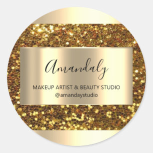 Makeup Beauty Shop Framed Gold Favor Thank Glitter Classic Round Sticker