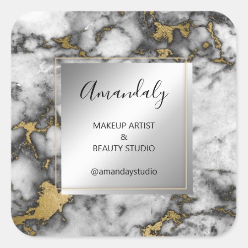 Makeup Beauty Shop Thank Gold Marble Frame Gray Square Sticker