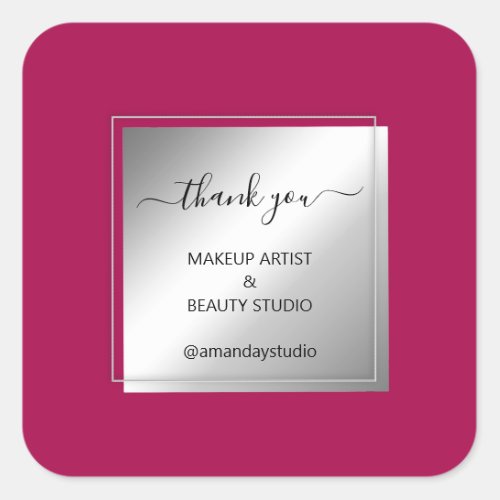 Makeup Beauty Shop Thank Silver Frame Gray Pink Square Sticker