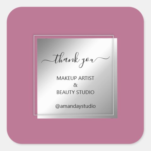 Makeup Beauty Shop Thank Silver Frame Gray Pinky Square Sticker