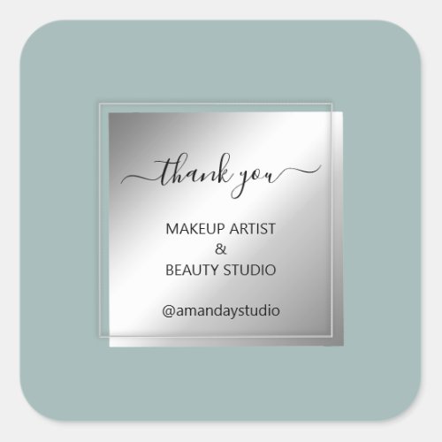 Makeup Beauty Shop Thank Silver Frame Mint Green Square Sticker