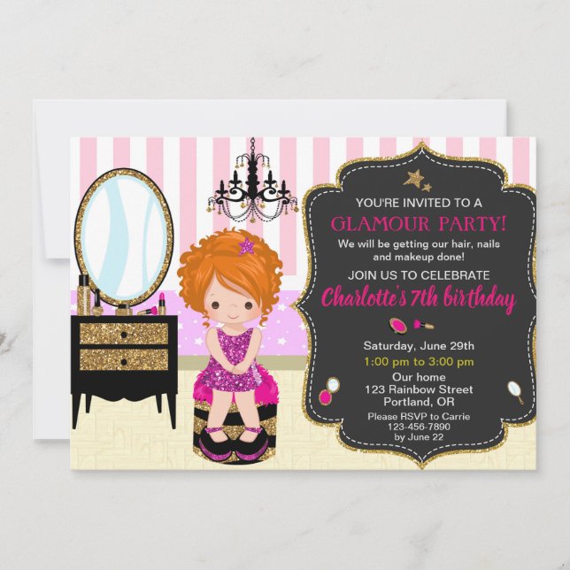 Makeup birthday invitation Lipstick nail hair girl (Front)