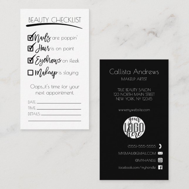 Makeup Black White Beauty Checklist Business Logo Appointment Card (Front/Back)