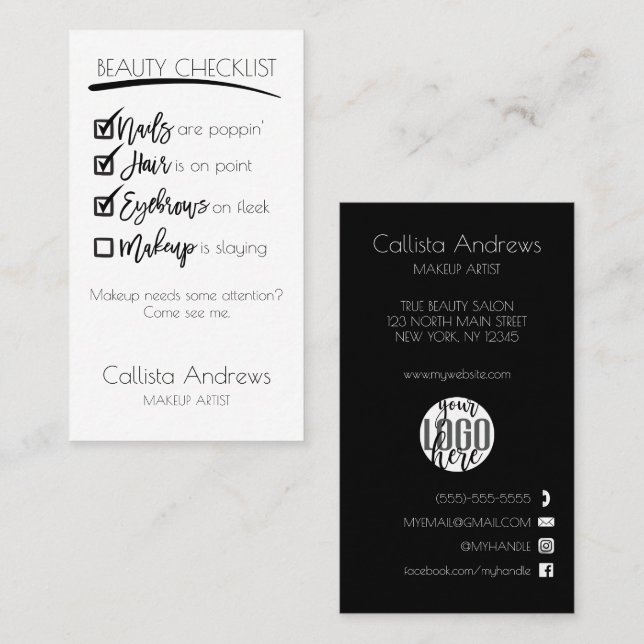 Makeup Black White Beauty Checklist Business Logo Appointment Card (Front/Back)