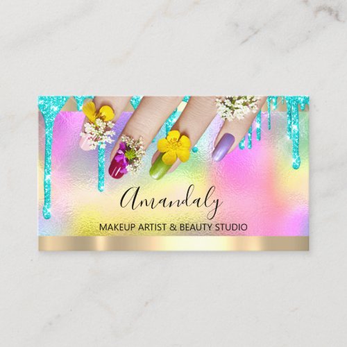 Makeup Blue Glitter Drips Holograph Nails Floral Business Card