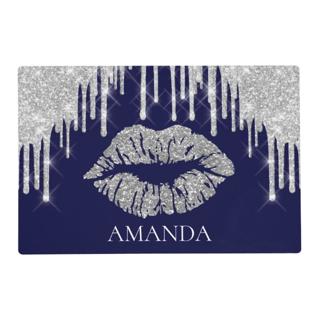 Makeup Blue Navy Kiss Lips Drips Glitter Name Placemat (Front)
