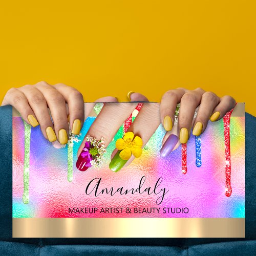 Makeup Blue Red Glitter Drip Holograph Nail Floral Business Card