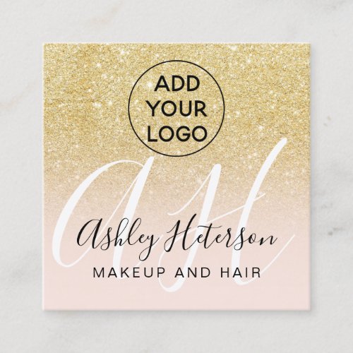 Makeup blush chic gold glitter logo monogram square business card