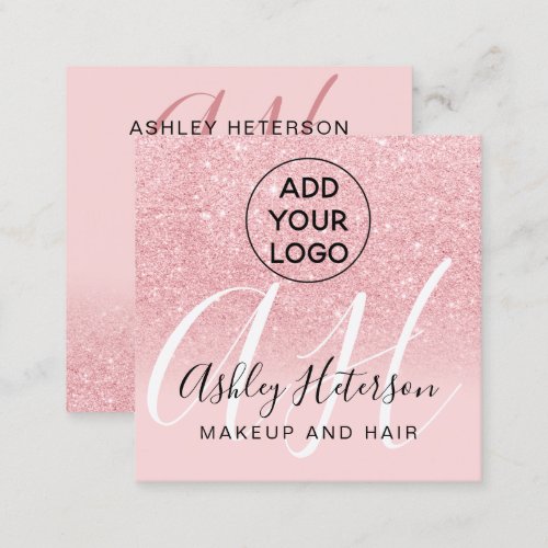 Makeup blush pink glitter logo monogram square business card