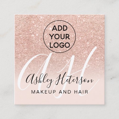 Makeup blush rose gold glitter logo monogram square business card