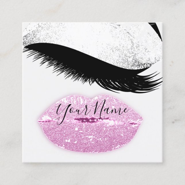 Makeup Boutique Pink Kiss Lips Lash QR Code Gray Square Business Card (Front)
