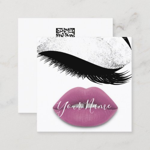 Makeup Boutique White Pink Lips Lash QR Code Logo Square Business Card