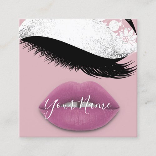 Makeup Boutique White Pink Lips Lash QR Code Rose Square Business Card