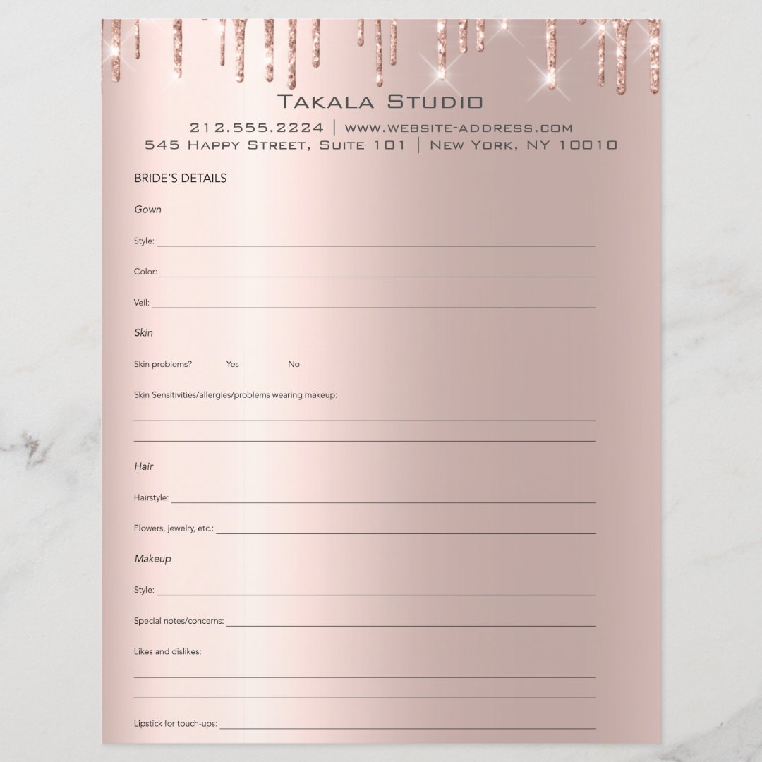 Makeup Bridal Consultation Form Rose Drips | Zazzle