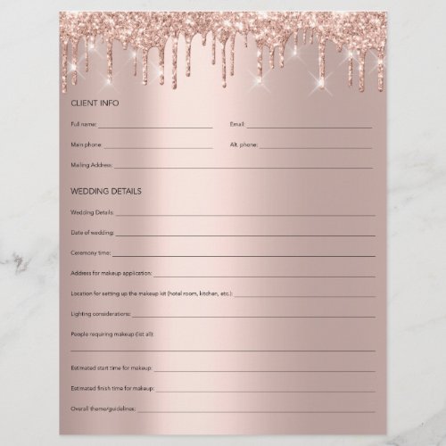 Makeup Bridal Consultation Form Rose Drips Glitter Flyer