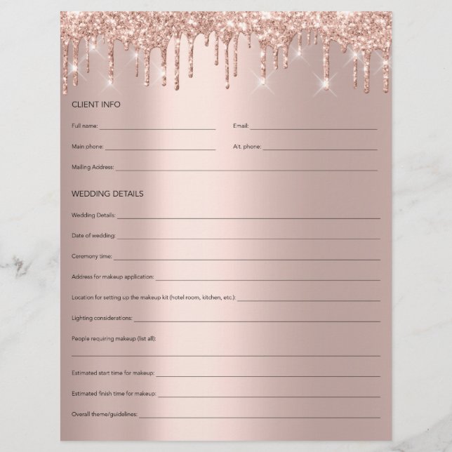 Makeup Bridal Consultation Form Rose Drips Glitter Flyer (Back)