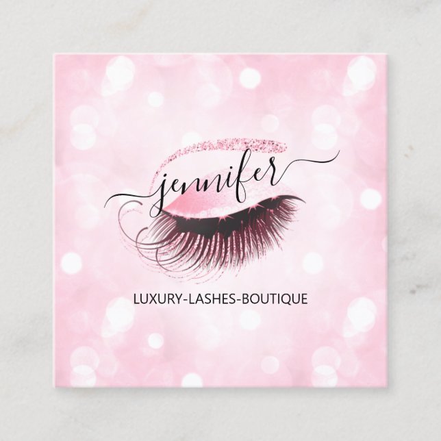 Makeup Brows Eyelash QR Code Logo  Pink Square Business Card (Front)
