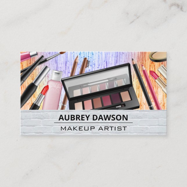 Makeup Brushes | Bricks Background Business Card (Front)