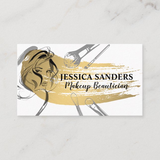 Makeup Brushes | Gold | Woman Beauty Business Card (Front)
