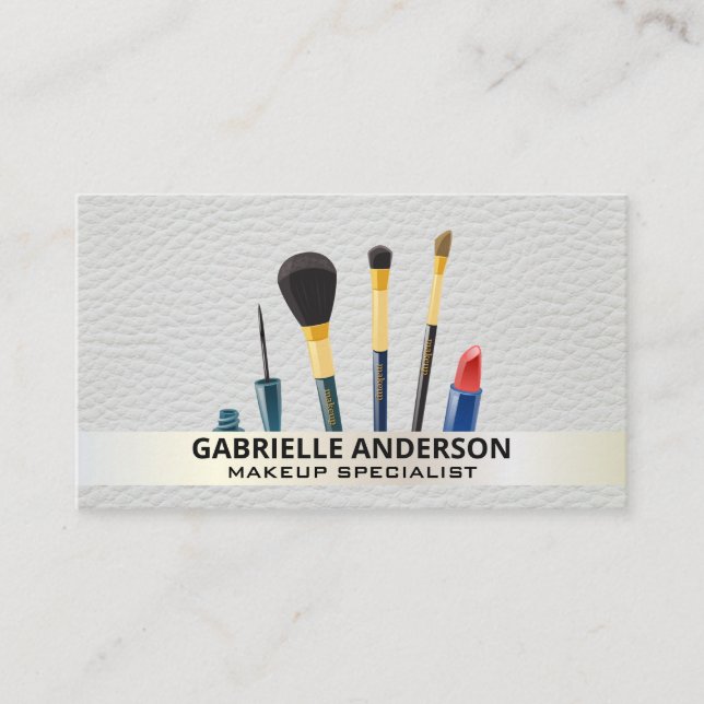 Makeup Brushes | Leather White Gold Trim Business Card (Front)