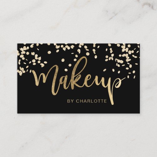 Makeup chic gold script black confetti business card