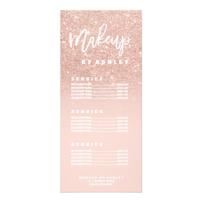 Makeup chic typography blush rose gold price list rack card (Front)
