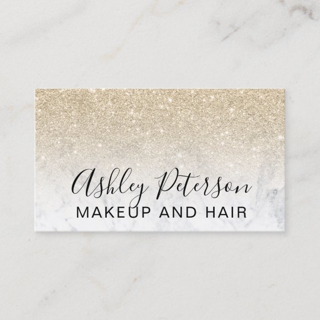 Makeup chic typography marble light gold glitter business card (Front)