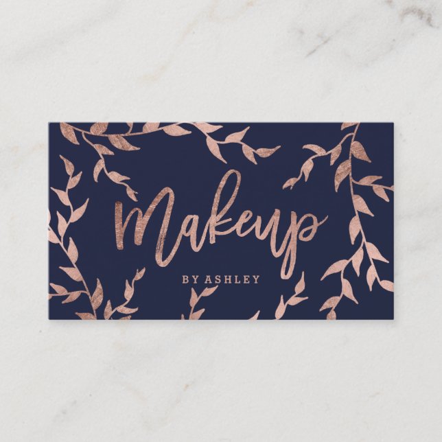 Makeup chic typography rose gold floral navy blue business card (Front)