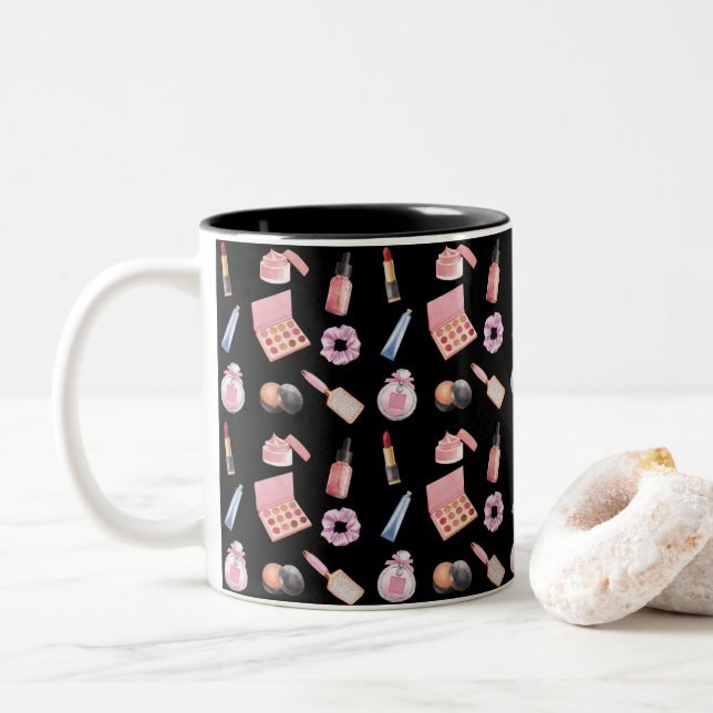 Makeup Cosmetics Beauty Pattern Cosmetology Coffee Two-Tone Coffee Mug (With Donut)