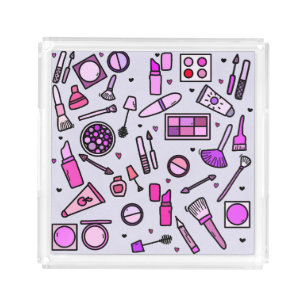 Makeup Cosmetics Illustrated Pink Pattern Acrylic Tray